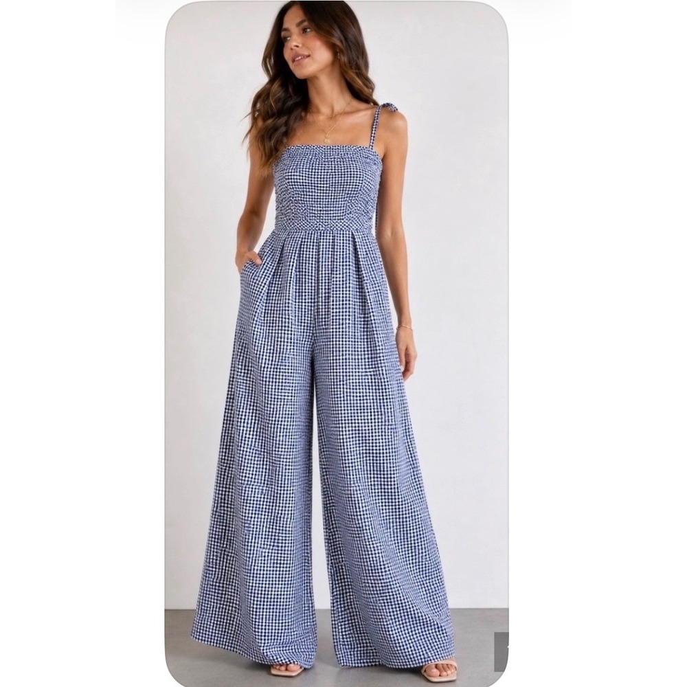 Anthropologie Hutch The Mabel Gingham Wide Leg Cottage Jumpsuit Navy White XL
